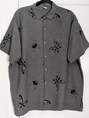 Rima Men's Large 100% Terivoile Button Down Shirt Gray Butterflies Grunge Alt